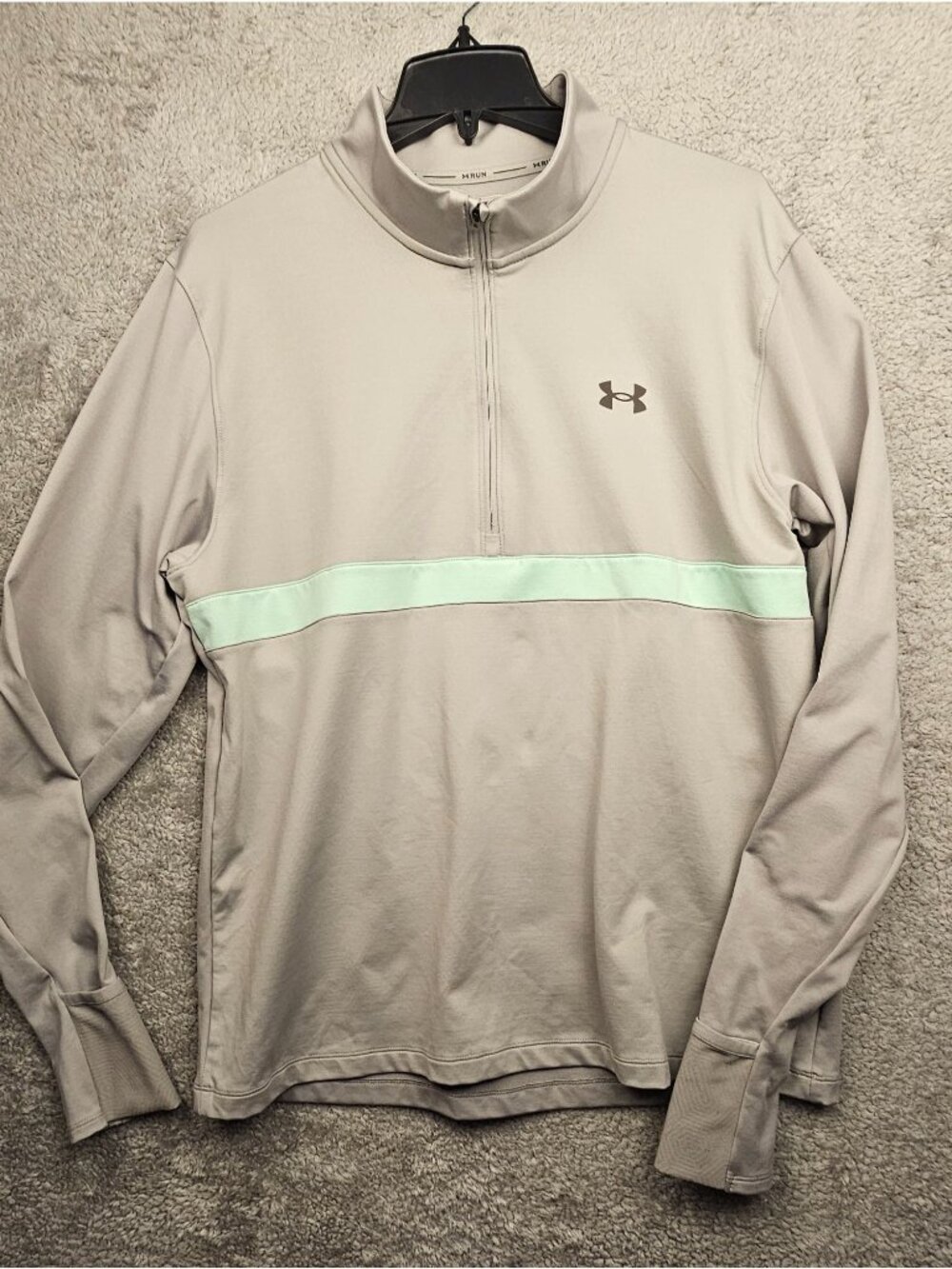 Under Armour Mens Gray Quarter-Zip Pullover With Mint Stripe Long Sleeves Lightw